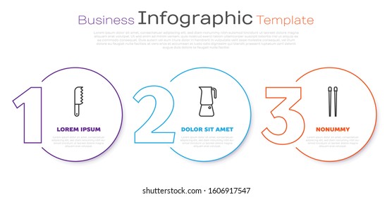 Set line Bread knife, Moka pot and Food chopsticks. Business infographic template. Vector