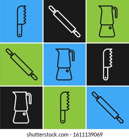 Set line Bread knife, Moka pot and Rolling pin icon. Vector