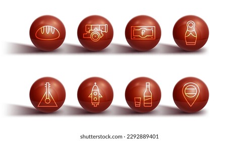 Set Linie Brot-Loaf, Balalaika, russische Puppe Matryoshka, Flasche Wodka mit Glas, Raketenschiff, Cannon, Lage und Rubel Banknote Symbol. Vektorgrafik