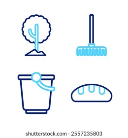 Set line Bread loaf, Bucket, Garden rake and Tree icon. Vector