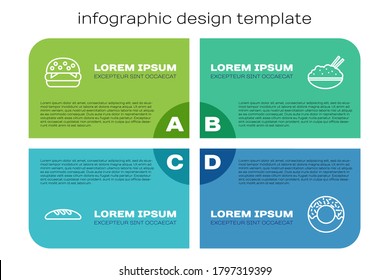 Set line Bread loaf, Burger, Donut and Rice in bowl with chopstick. Business infographic template. Vector