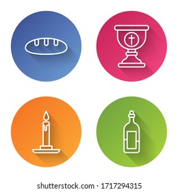 Set line Bread loaf, Christian chalice, Burning candle in candlestick and Bottle of wine. Color circle button. Vector