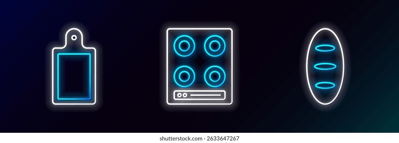 Set line Bread loaf, Cutting board and Gas stove icon. Glowing neon. Vector