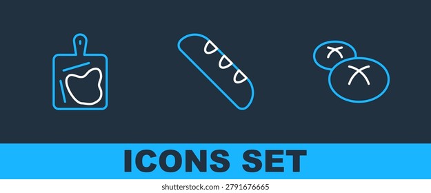 Set line Bread loaf, Cutting board and French baguette bread icon. Vector