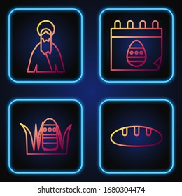 Set line Bread loaf, Easter egg, Jesus Christ and Calendar with Easter egg. Gradient color icons. Vector