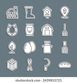 Set line Bread loaf, Garden rake, pitchfork, Bird house, Fertilizer bag, Horseshoe, Farm and  icon. Vector