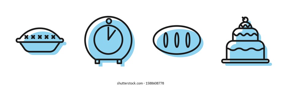 Set line Bread loaf , Homemade pie , Kitchen timer  and Cake  icon. Vector