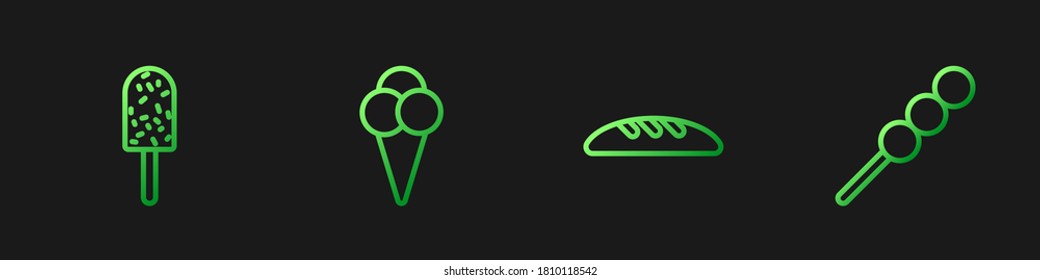 Set line Bread loaf, Ice cream, in waffle cone and Meatballs wooden stick. Gradient color icons. Vector