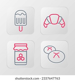 Fijar la línea Pan de pan, Jar de miel, Croissant y Ice crema icono. Vector