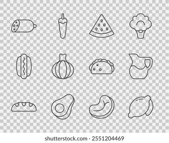 Set line Bread loaf, Lemon, Watermelon, Avocado fruit, Salami sausage, Onion, Steak meat and Jug glass with milk icon. Vector