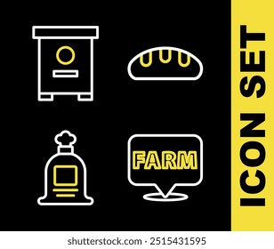 Set line Bread loaf, Location farm, Full sack and Hive for bees icon. Vector