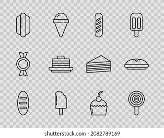 Set line Bread loaf, Lollipop, French baguette bread, Ice cream, Hotdog sandwich, Stack of pancakes, Cake and Homemade pie icon. Vector