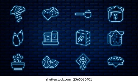 Set line Bread loaf, Measuring cup, with flour, Farm house, Seed, Flour pack and  icon. Vector