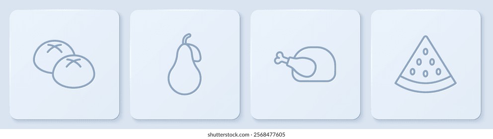 Set line Bread loaf, Roasted turkey or chicken, Pear and Watermelon. White square button. Vector