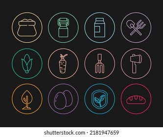 Set line Bread loaf, Wooden axe, Paper package for milk, Carrot, Corn, Full sack, Garden rake and Can container icon. Vector