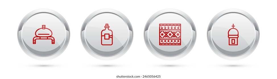 Set line Bread and salt, Bottle of vodka, Ukrainian ethnic pattern and Church tower. Silver circle button. Vector