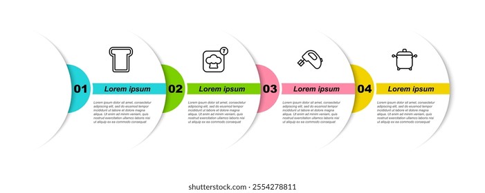 Set line Bread toast, Chef hat, Electric mixer and Cooking pot. Business infographic template. Vector