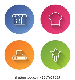 Set line Bread toast, Chef hat, Kitchen extractor fan and Lollipop. Color circle button. Vector