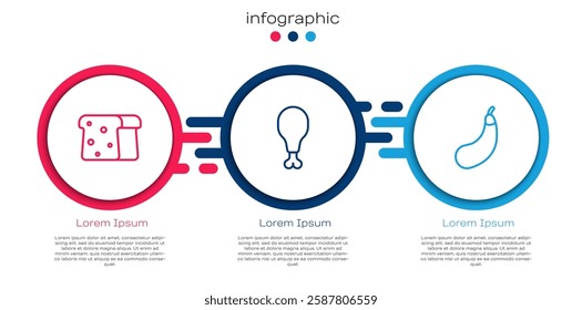 Set line Bread toast, Chicken leg and Eggplant. Business infographic template. Vector