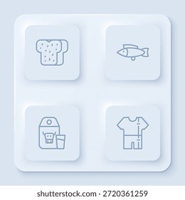 Set line Bread toast, Fish, Paper package for milk and Sport track suit. White square button. Vector