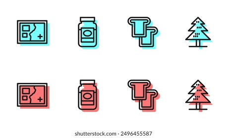 Set line Bread toast, Folded map, Jam jar and Tree icon. Vector