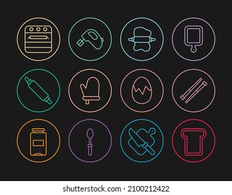 Set line Bread toast, Food chopsticks, Rolling pin on dough, Oven glove, Broken egg and Electric mixer icon. Vector