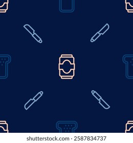 Set line Bread toast, Knife and Soda can on seamless pattern. Vector