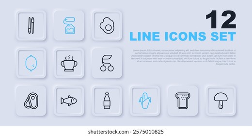 Set line Bread toast, Mushroom, Bowl of hot soup, Corn, Lemon, Fish, Tea bag and Bottle wine icon. Vector