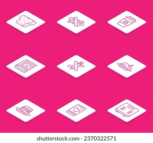Fijar la línea de pan tostado, sin comida basura, sin tazas para café, libro médico, jeringa para dopaje, saludable, basura y móvil con icono de frecuencia cardíaca. Vector