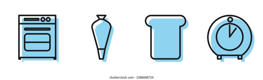 Set Line Bread Toast, Oven , Pastry Bag For Decorate Cakes And Kitchen Timer  Icon. Vector