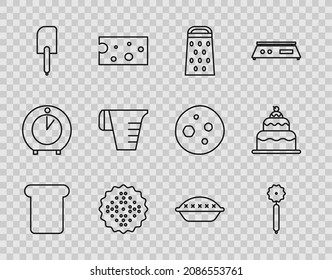 Set Line Bread Toast, Pizza Knife, Grater, Cracker Biscuit, Spatula, Measuring Cup, Homemade Pie And Cake Icon. Vector