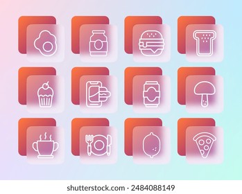 Set line Bread toast, Plate, fork and knife, Soda can, Lemon, Food ordering mobile, Burger, Scrambled egg and Jam jar icon. Vector