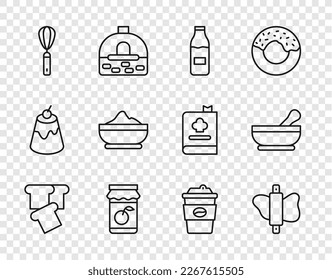 Set line Bread toast, Rolling pin on dough, Bottle with milk, Jam jar, Kitchen whisk, Flour bowl, Coffee cup go and Mortar and pestle icon. Vector