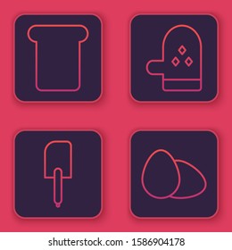 Set line Bread toast, Spatula , Oven glove  and Chicken egg . Blue square button. Vector