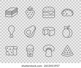 Set line Bread toast, Watermelon, Burger, Ice cream in waffle, Piece of cake, Avocado fruit, Mushroom and Plum icon. Vector