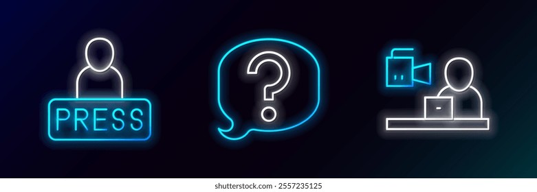 Set line Breaking news, Journalist and Speech bubble chat icon. Glowing neon. Vector