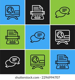 Set line Breaking news, Speech bubble chat and Retro typewriter icon. Vector