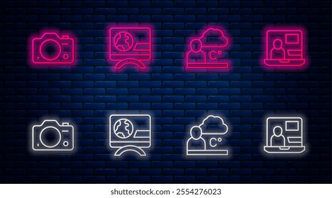 Set line Breaking news, Weather forecast, Photo camera and World. Glowing neon icon on brick wall. Vector