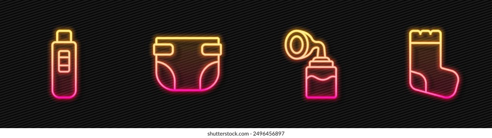 Set line Breast pump, Pregnancy test, Baby diaper and socks. Glowing neon icon. Vector