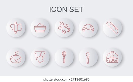 Set line Estufa de ladrillo, manzana en caramelo, granos de café, cuchara, masa de rodillo, tazón de harina, pan tostado y batidor de cocina icono. Vector