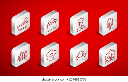 Set line Brick stove, Bag of flour, Cook, Ice cream, Croissant, Mortar and pestle, Scrambled eggs and Piece cake icon. Vector