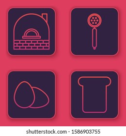 Set line Brick stove , Chicken egg , Strainer spoon  and Bread toast. Blue square button. Vector