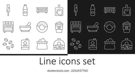 Set line Brick stove, Coffee cup go, Electronic scales, Mortar and pestle, Oven, Ice cream, Donut and Bottle with milk icon. Vector