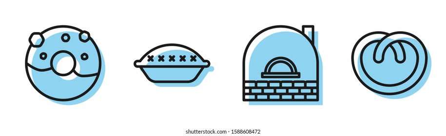 Set line Brick stove , Donut with sweet glaze , Homemade pie  and Pretzel  icon. Vector