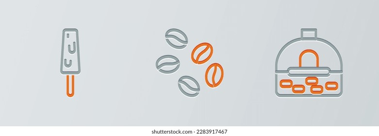 Set line Brick stove, Ice cream and Coffee beans icon. Vector