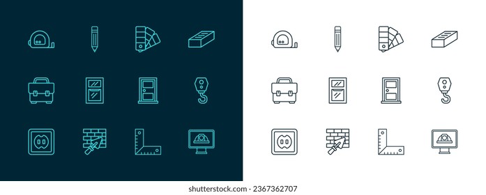 Set line Brick, wall with trowel, Closed door, Corner ruler, Window in room, Color palette guide, Roulette construction and Pencil eraser icon. Vector
