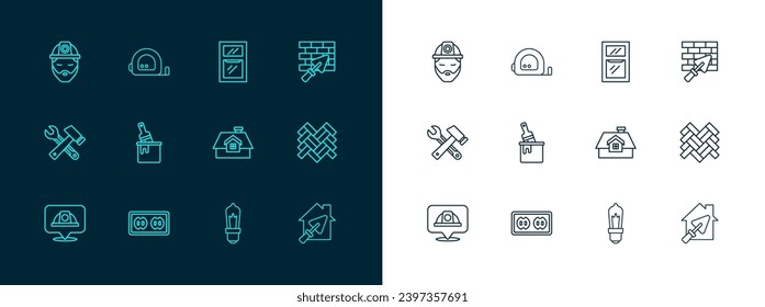 Set line Brick wall with trowel, Electrical outlet, House, Light bulb, Paint bucket brush, Window room, Builder and Roulette construction icon. Vector