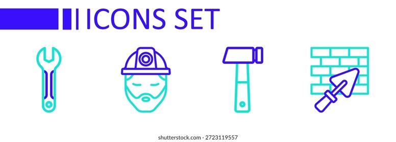 Fije la pared del ladrillo con el icono de la paleta, del martillo, del constructor y de la llave inglesa. Vector