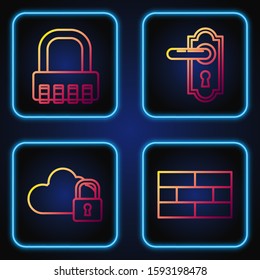 Set line Bricks , Cloud computing lock , Safe combination lock  and Door handle . Gradient color icons. Vector