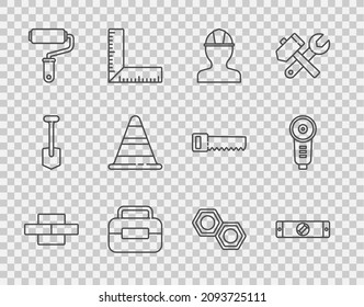 Set line Bricks, Construction bubble level, Worker safety helmet, Toolbox, Paint roller brush, Traffic cone, Hexagonal metal nut and Angle grinder icon. Vector